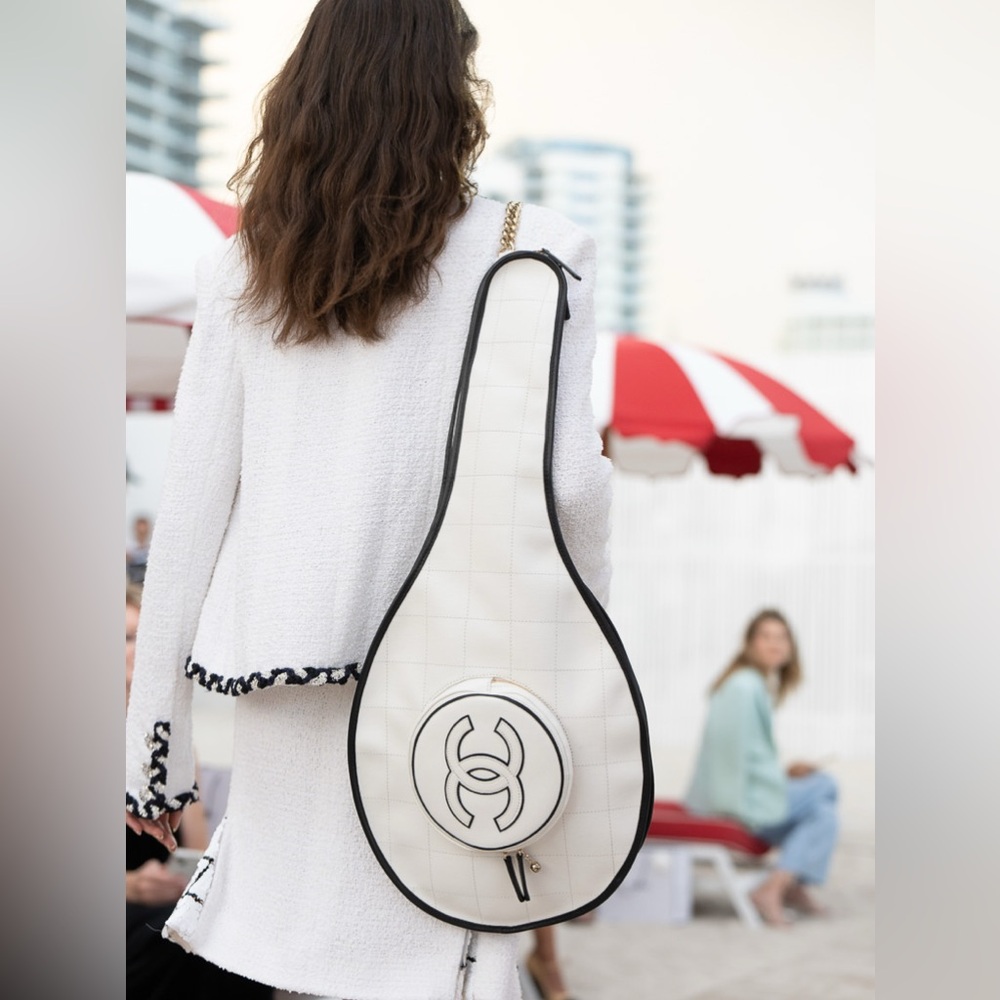 Chanel 23c RARE tennis racquet holder shoulder bag with pouch and slots ivory